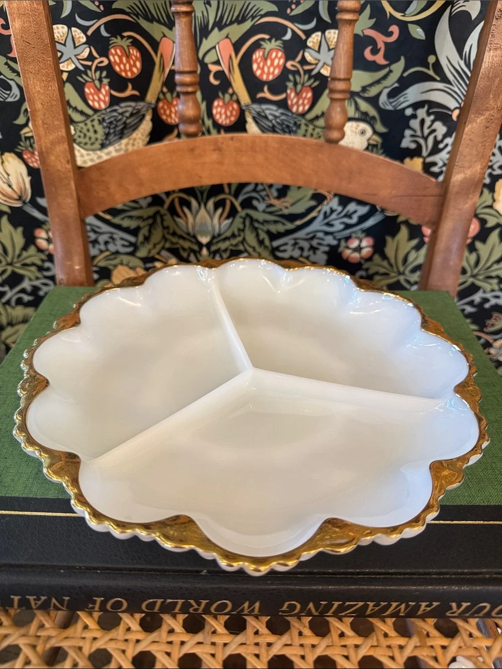 Anchor Hocking Milk Glass Divided Relish Dish 22k Gold Trim Scalloped Edge
